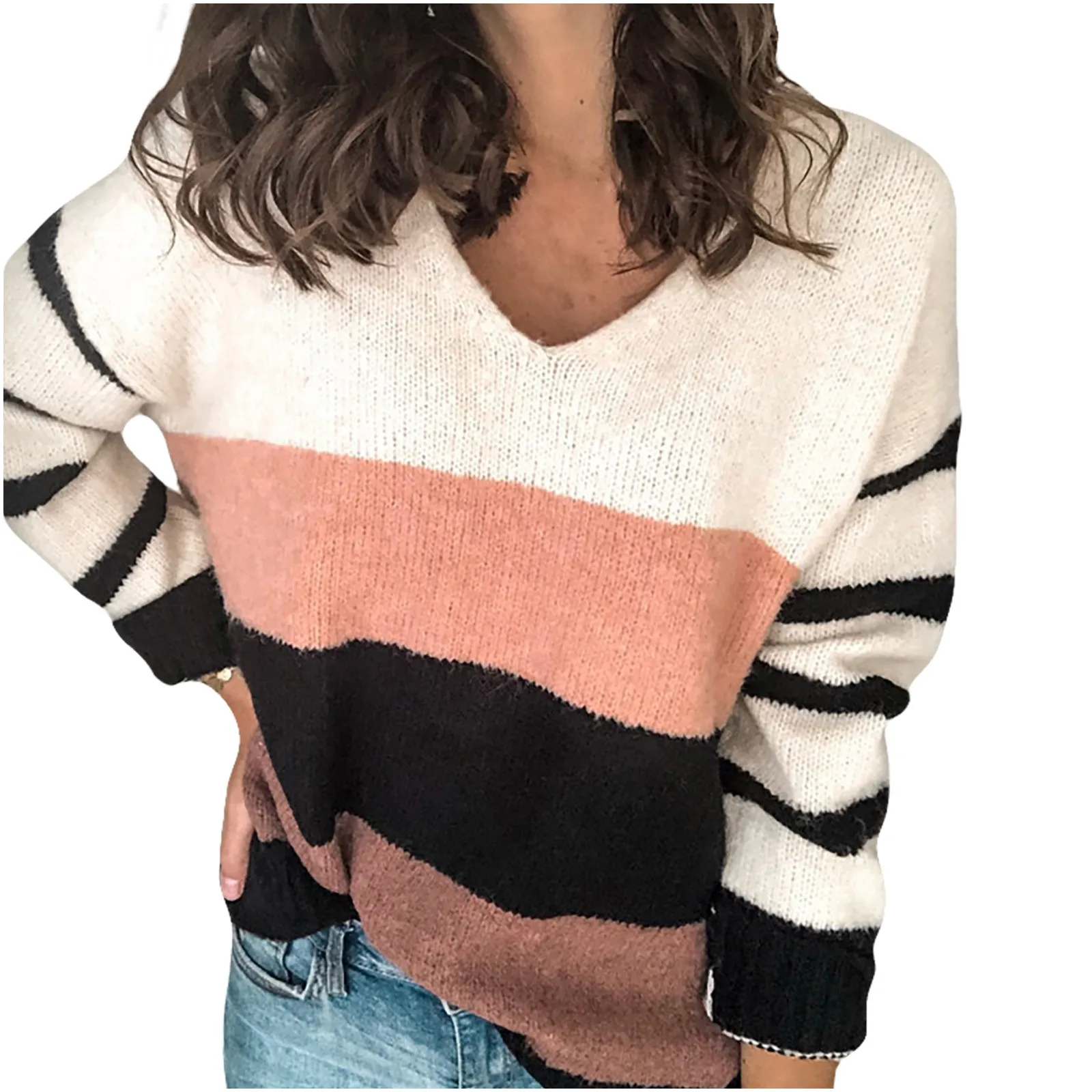 

Sweaters Autumn Winter Women's V-neck Striped Stitching Long-Sleeved Knitting Sweater Top женские свиеѬа daily Drop Shipping